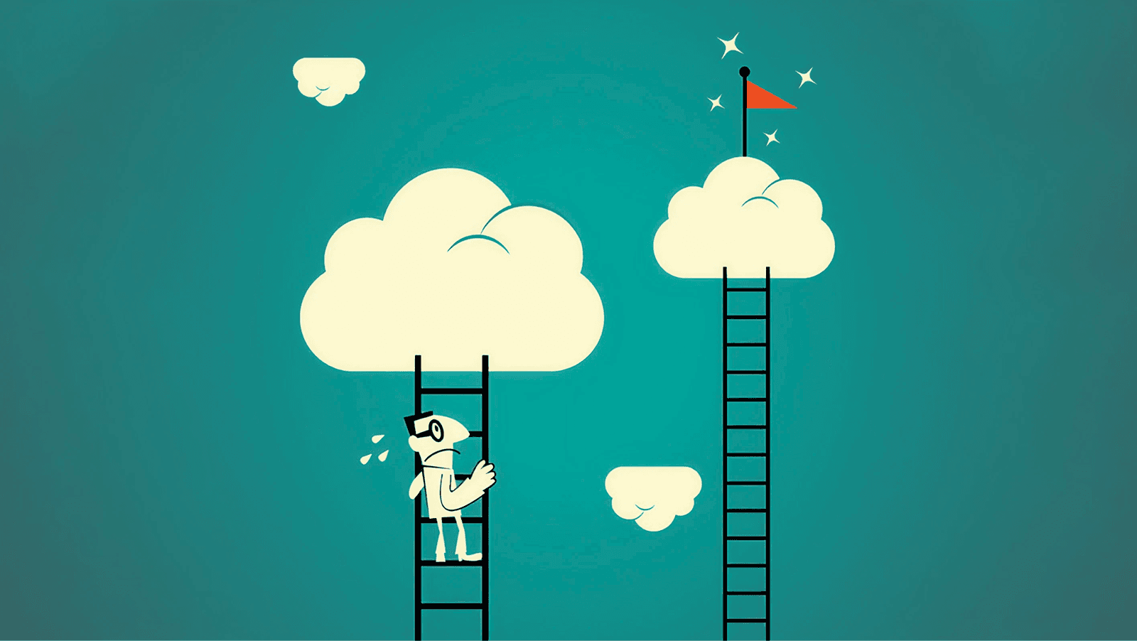 Character climbing up a ladder into the clouds