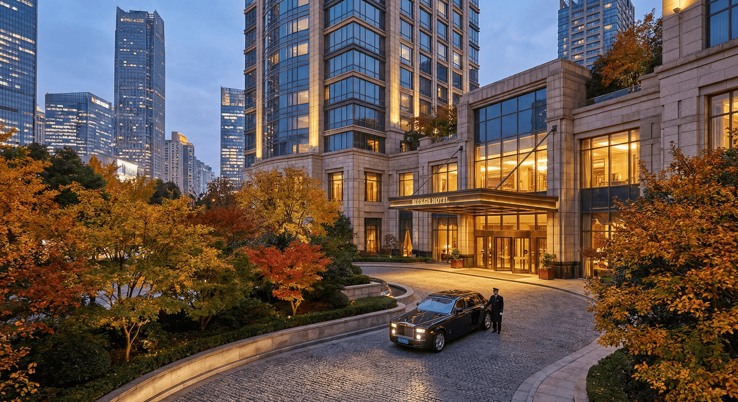 Photograph of a high-end hotel entrace and driveway
