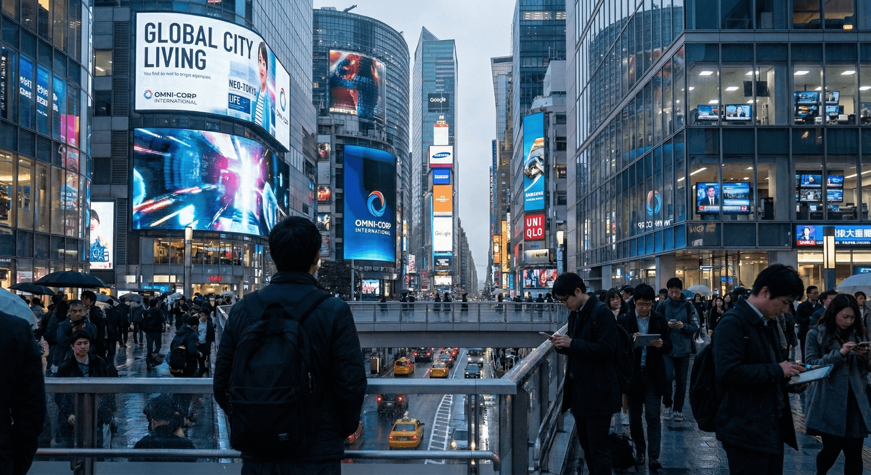 City of individuals looking out over a tech city of screens.