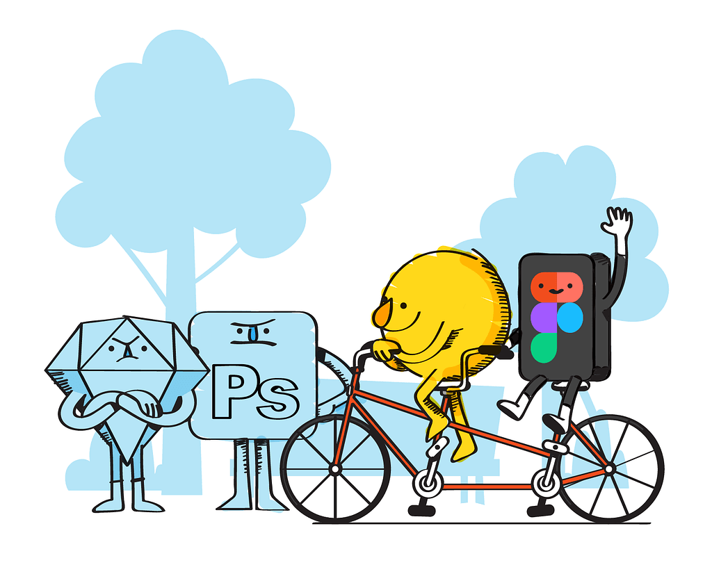 Illustration of HappyFunCorp characters riding a bike with Figma character