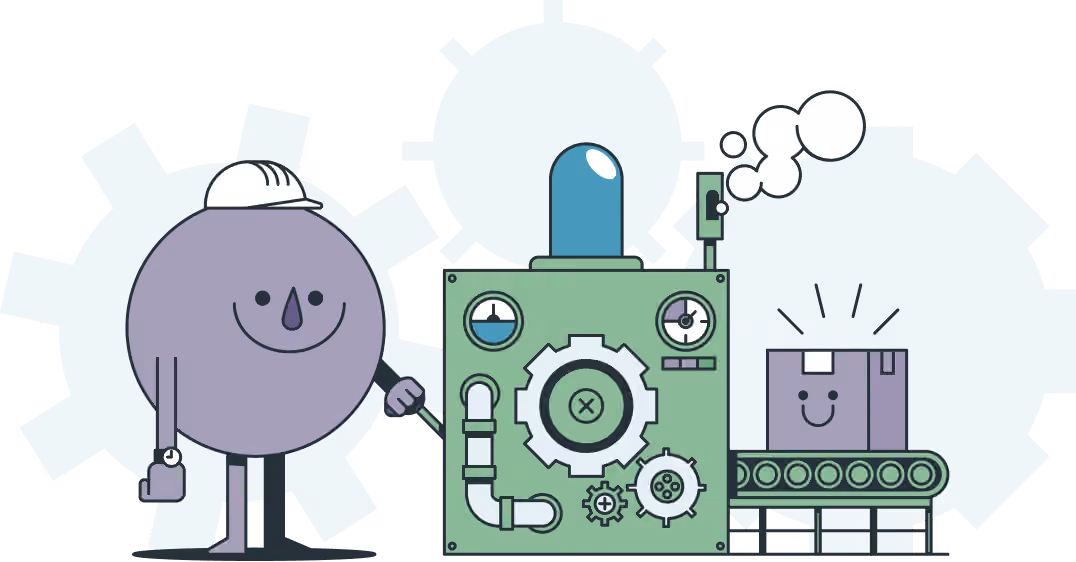 Illustration of HappyFunCorp characters building a finished product