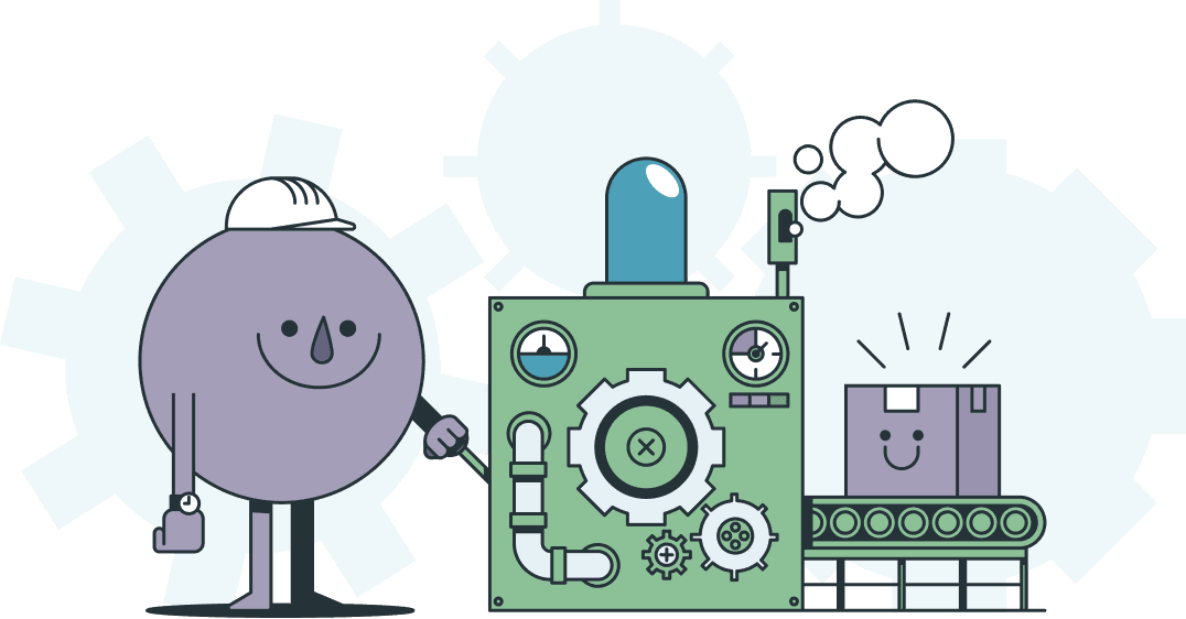 Illustration of HappyFunCorp characters building a finished product