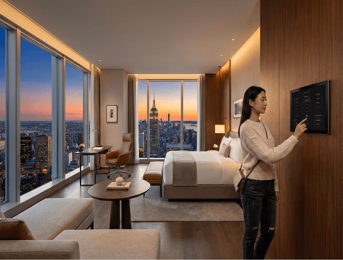 Women in a hotel room using the in room iPad experience