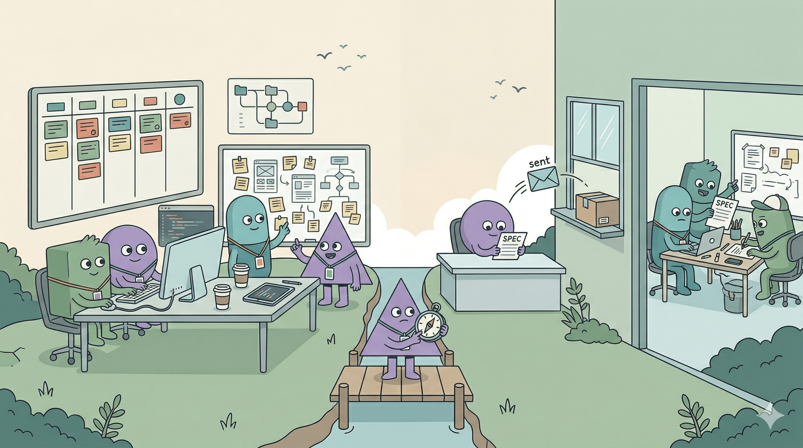 HappyFunCorp illustrations deciding whether a they should have engineers work with their team or outsource the projec