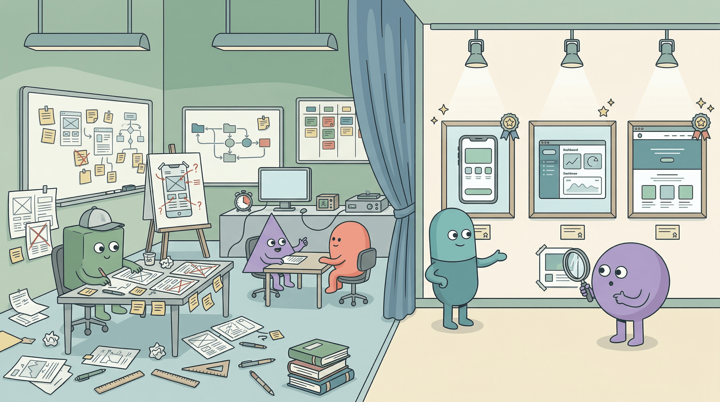 HappyFunCorp illustrations showing the behind the scenes process to get the final product design