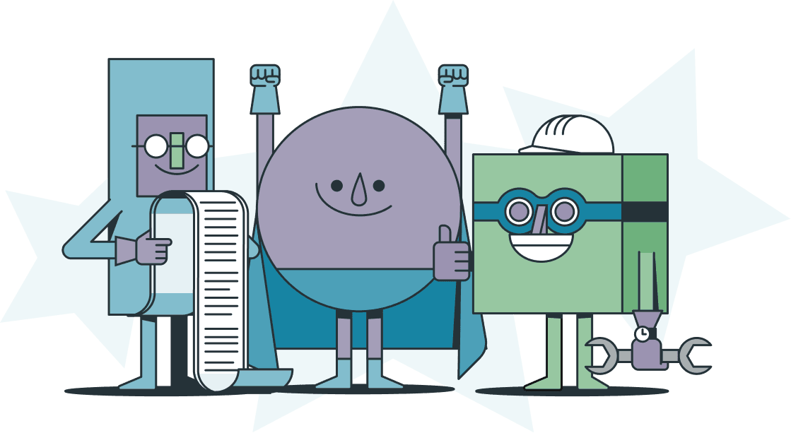 Three HappyFunCorp characters