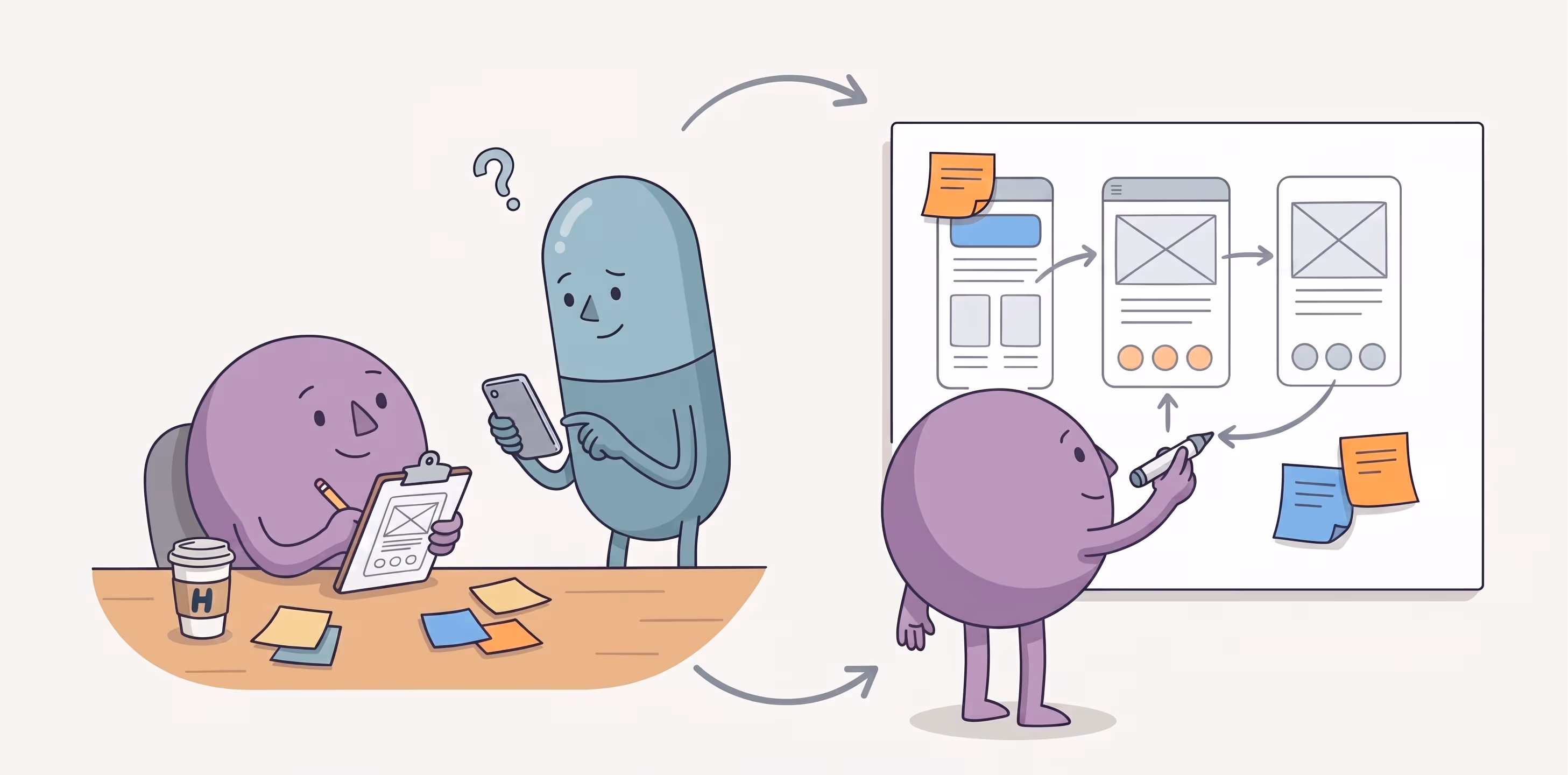 HappyFunCorp illustrations working together to make the best decision on which agency to go with