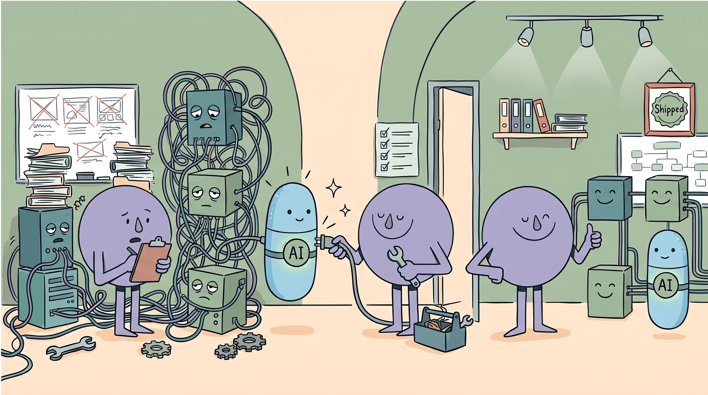 HappyFunCorp illustrations showing the process of integrating AI into exsisting products
